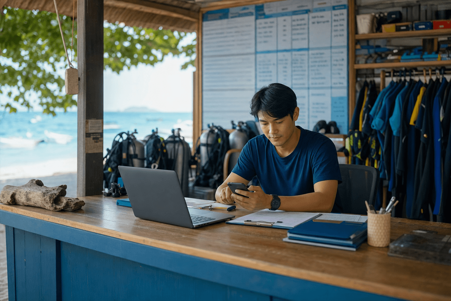 Dive school front desk in Thailand with Cura-style overlays showing one inbox and fast replies.