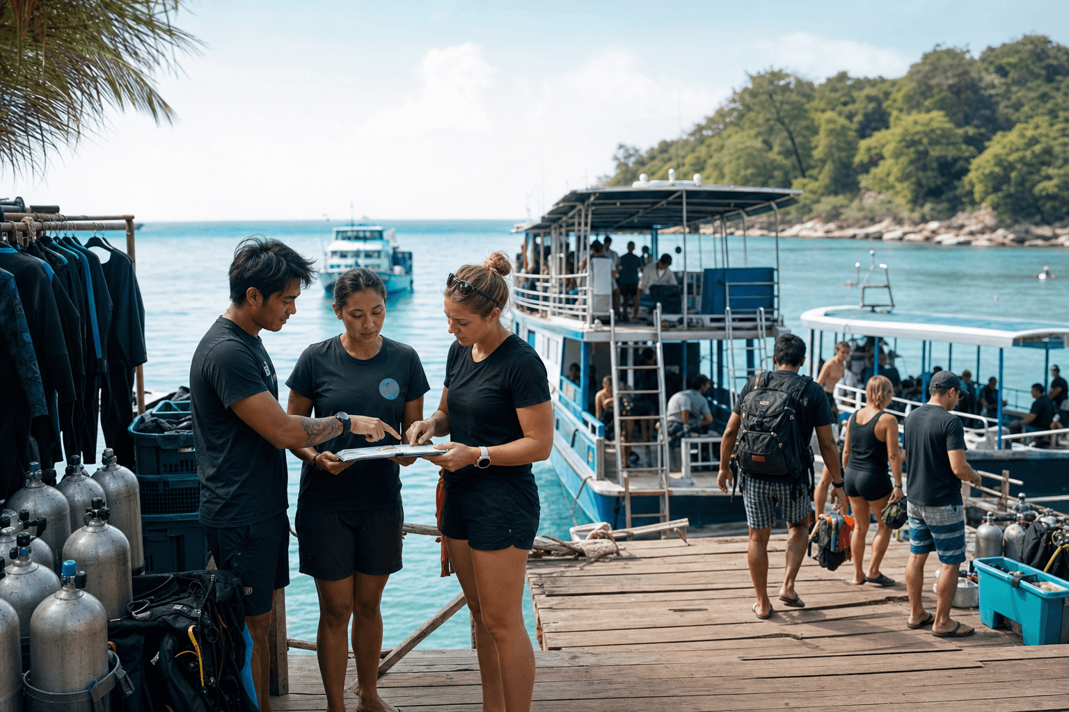 Morning dive-school dispatch board with simple assignments for boats and instructors.