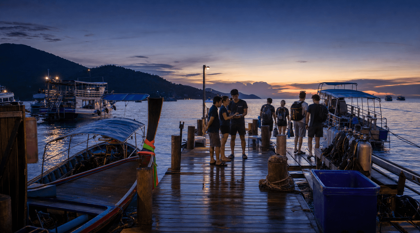 Thai dive school staff preparing boats at dawn while Cura-style status cards float over the scene.